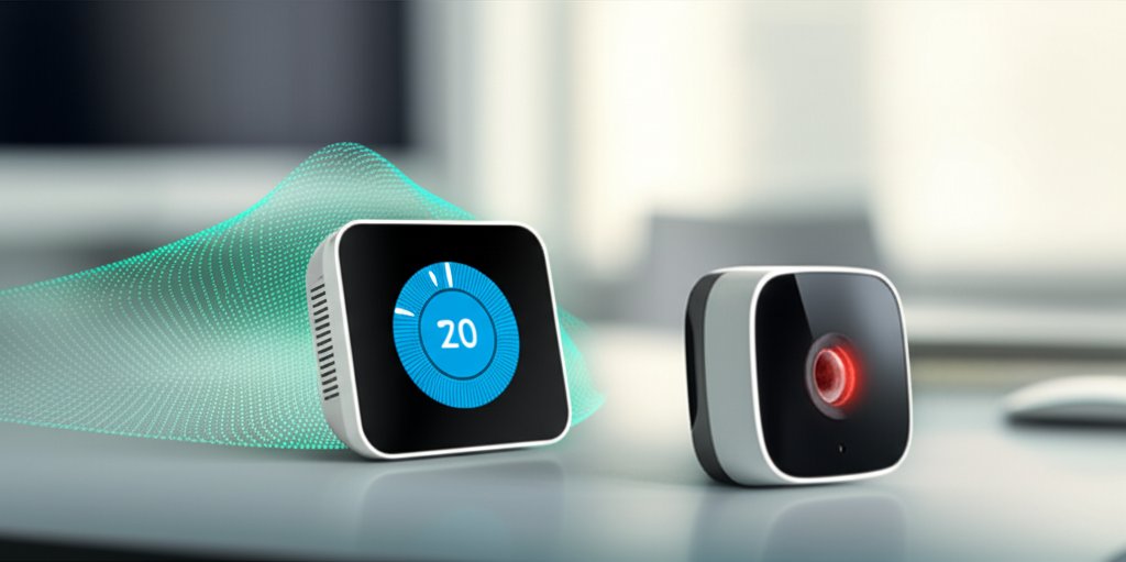 Smart thermostat & security camera on a modern desktop; one shows a blue digital shield, another an orange vulnerability. ...