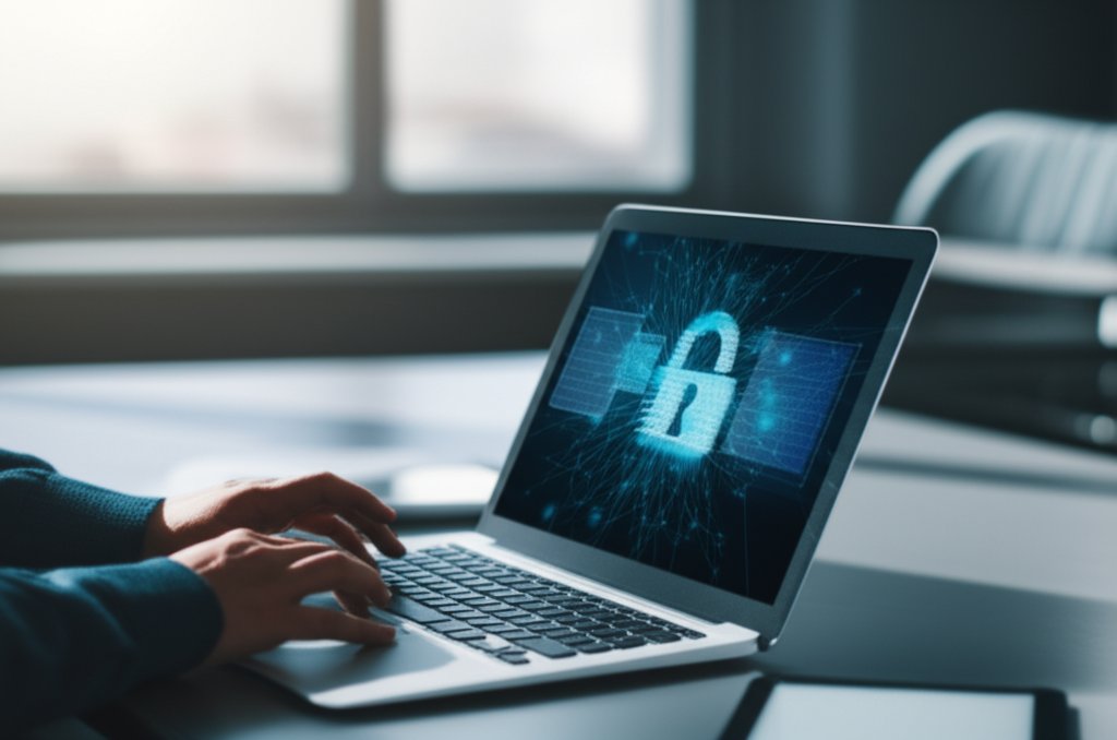 A professional in a modern home office uses a laptop with a secure digital interface for remote work cybersecurity.