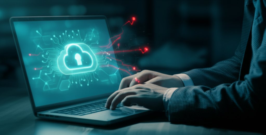 Professional at laptop: secure blue cloud with digital shields, green lines symbolizing cybersecurity, and red tendrils as...