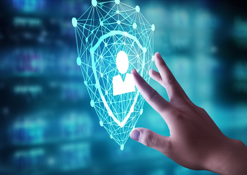 Hand interacts with glowing holographic interface showing a decentralized identity network forming a protective shield. Se...