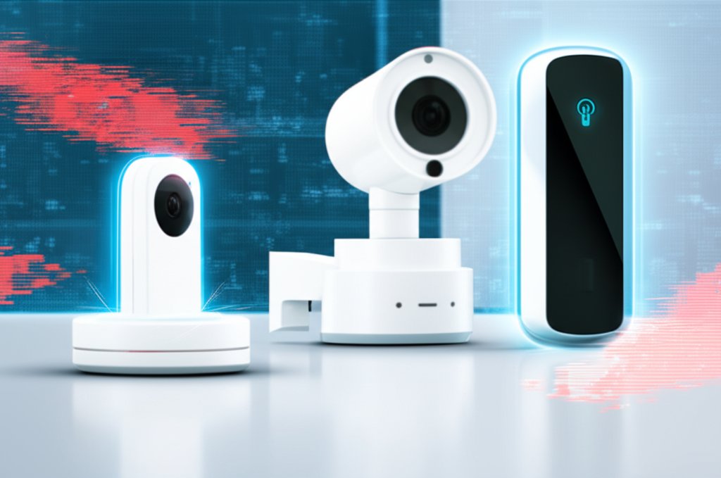 Modern IoT devices (hub, camera, lock) on a minimalist desk, protected by blue digital security fields from red cyber thre...