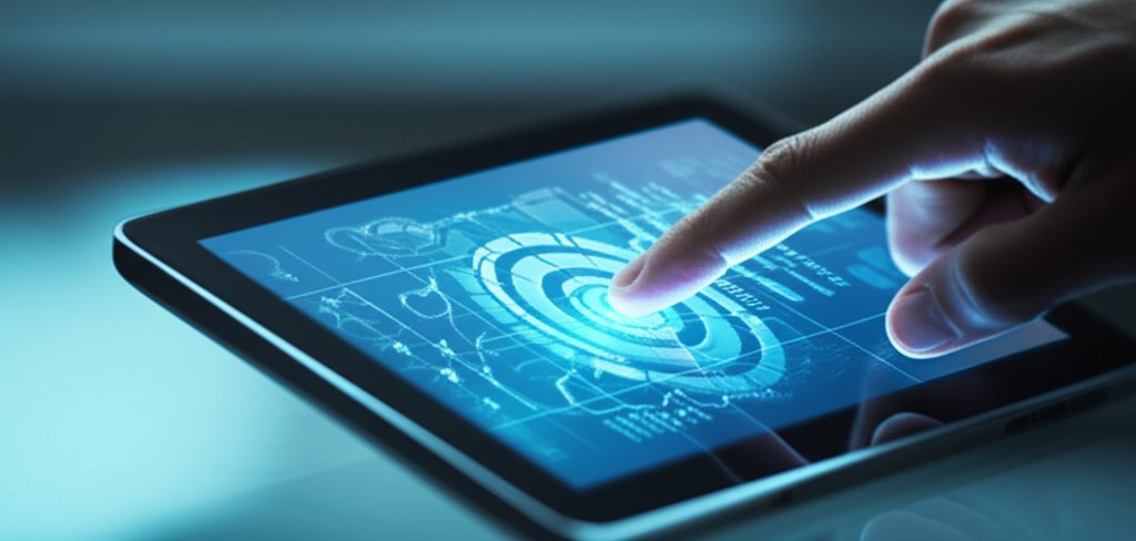 Hand interacting with sleek tablet showing digital security layers for advanced biometric authentication.