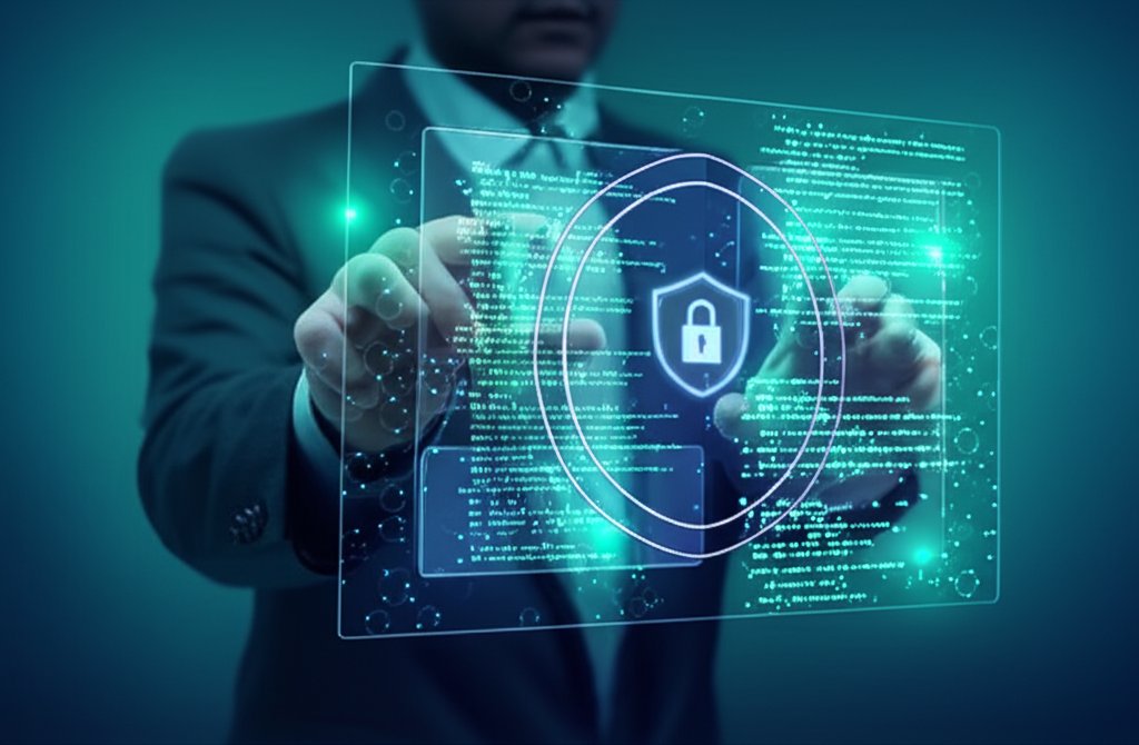 Hands interact with a digital interface showing AI analyzing complex app code, highlighted by neural network patterns and ...