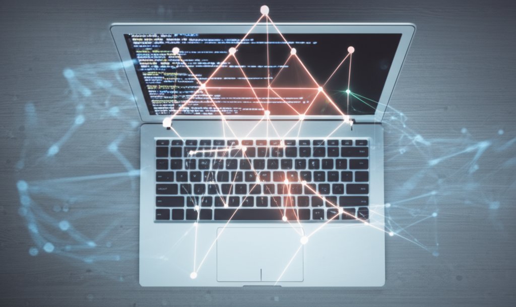 Overhead shot of a laptop displaying code with an AI neural network analyzing it, highlighting vulnerabilities in amber an...