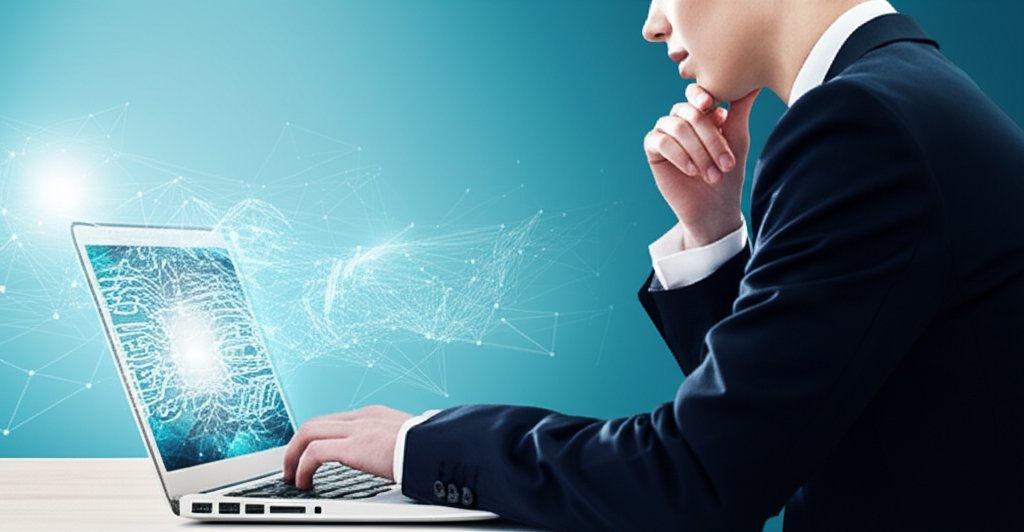 Person focused on laptop with AI-powered secure data streams and network diagrams, representing cyber attack defense and a...