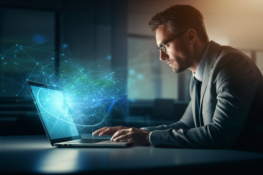 Focused professional intently viewing laptop, abstract AI data streams emanate, suggesting cybersecurity threats in a mode...
