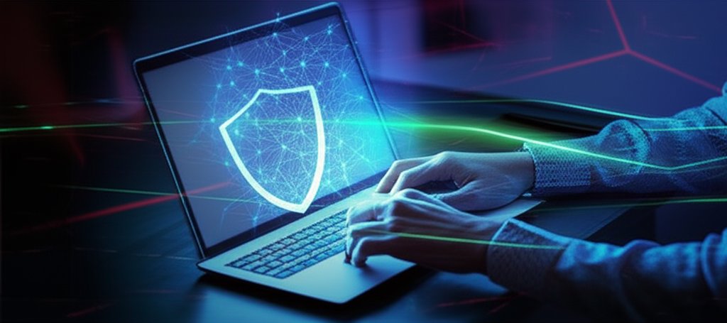 Diverse professional views a laptop, AI neural networks & data streams create an electric green/blue digital cybersecurity...