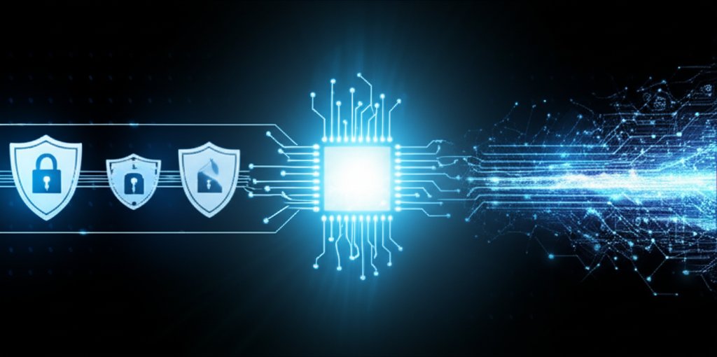 Digital AI core shows cybersecurity's dual nature: protective shields on one side, ambiguous patterns hinting at threats o...