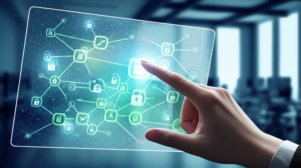 Professional's hand over a holographic AI interface with neural pathways, secure data streams, and padlocks, signifying da...