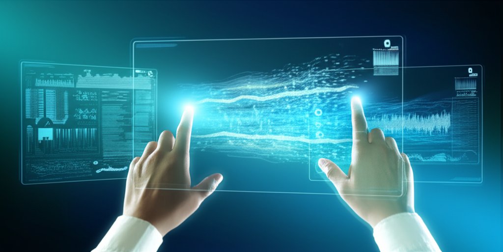 Professional hands interact with holographic screens. Central screen shows AI deepfake detection data streams, glitches, &...