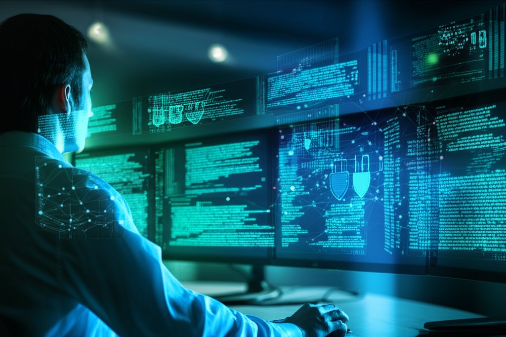 Professional monitoring screens with glowing AI code, security icons, and a neural network pattern in a modern tech worksp...