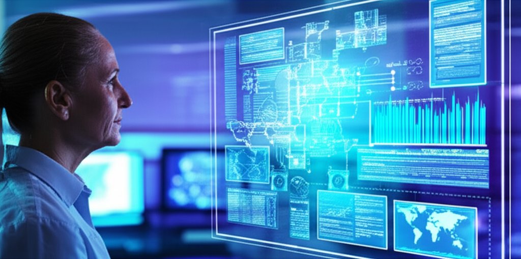 Focused cybersecurity expert views AI-driven vulnerability assessment on a complex holographic display in a modern data ce...