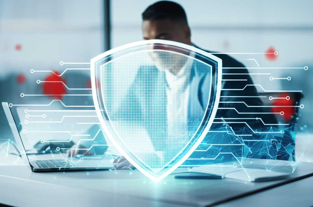 AI digital security shield protects a focused business owner in a modern office from red fragmented cyber threats.