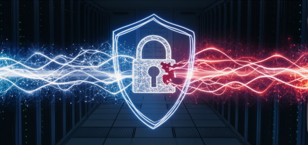 Abstract AI entity in server room. Blue energy forms a digital shield; red energy breaks a padlock. AI's dual role in digi...