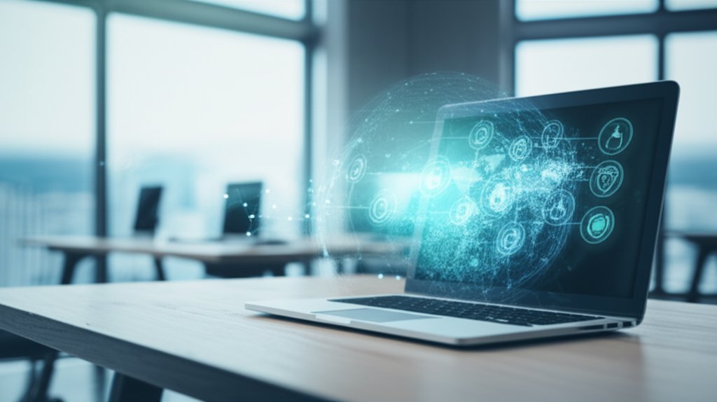 Laptop on a modern desk showing network security analytics with glowing AI projections, representing intelligent defense a...