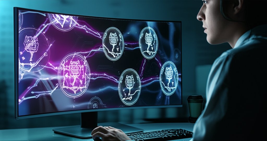 Determined cybersecurity pro monitors AI phishing attacks on an ultrawide screen showing glowing neural networks & malicio...