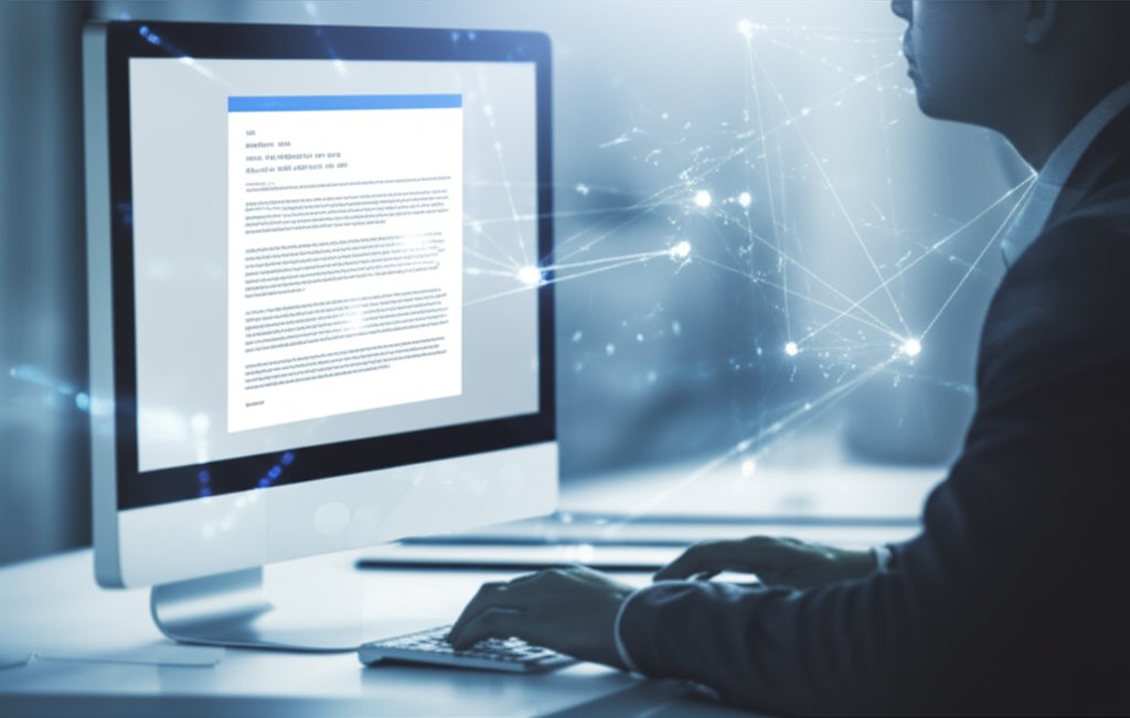 Desktop computer screen displays a legitimate corporate email; faint AI neural network lines are subtly visible behind the...