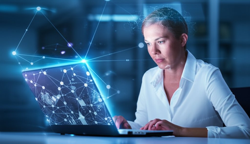 Focused professional intently views laptop screen with complex AI digital patterns and subtle anomalies, surrounded by neu...