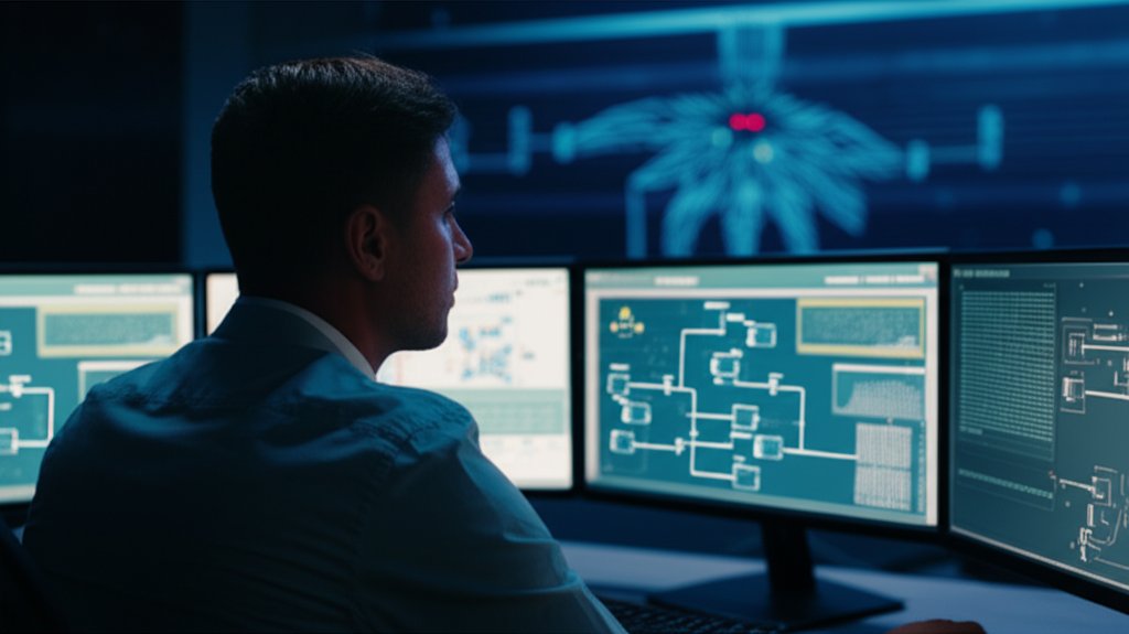 AI cybersecurity expert analyzes complex neural network interface on multiple screens, a red light indicating a system vul...