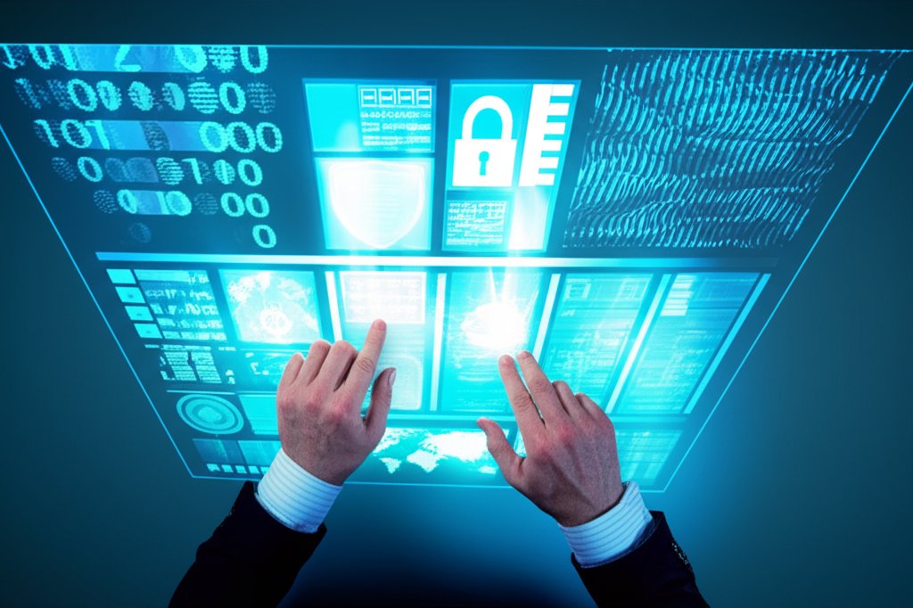 Hands on a holographic interface displaying AI-powered security compliance data: data streams, detection graphs, and shiel...