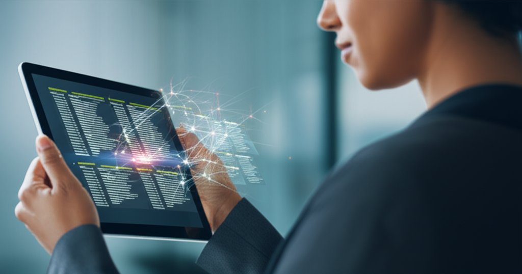 Focused business owner on tablet with AI simplifying security compliance documents to clear status indicators.