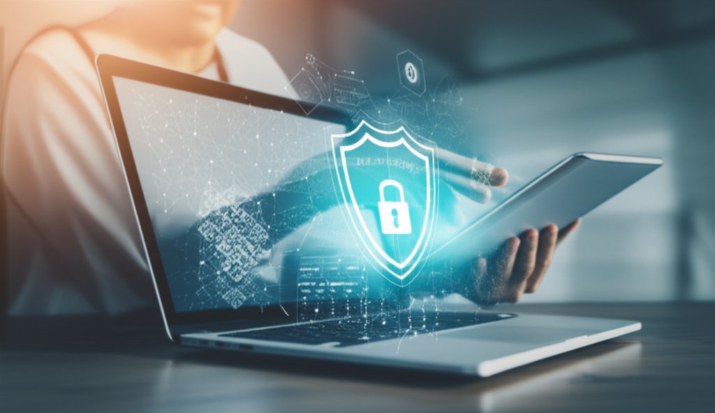 Confident small business professional with laptop showing AI data security visualizations in a modern office.