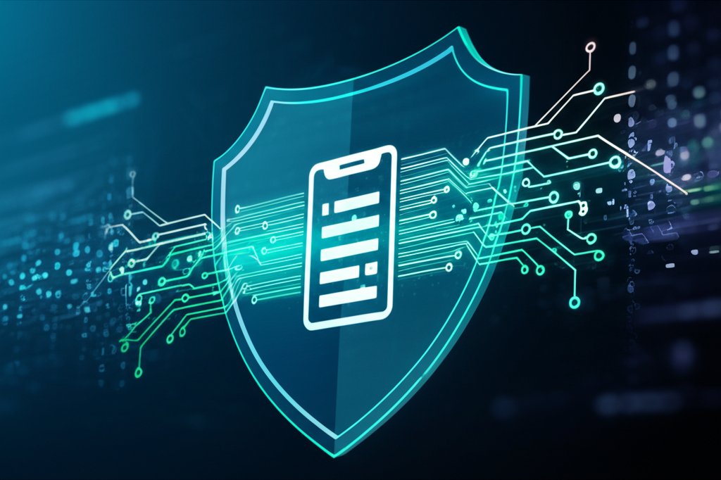 Translucent digital shield with glowing neural network patterns protecting an application, against diffused digital noise,...