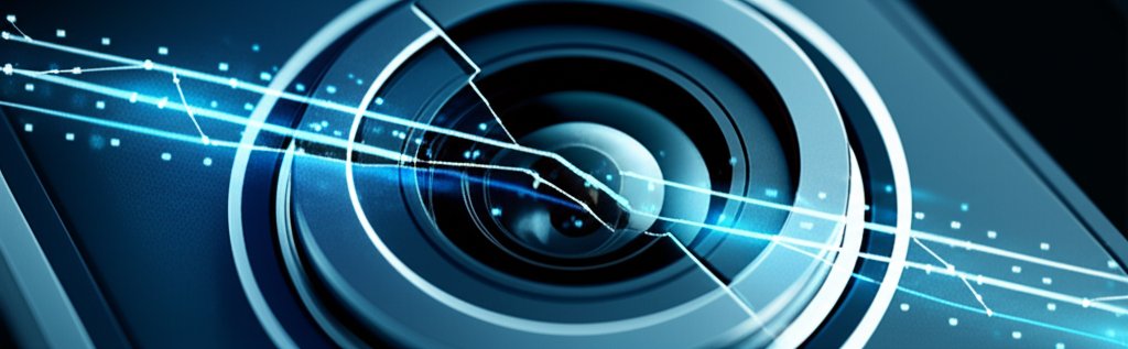 Close-up of a modern AI security system component with glowing data streams and subtle digital fractures, hinting at hidde...