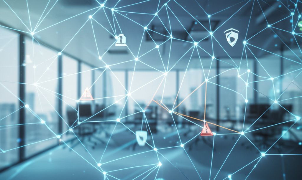 Interconnected AI neural network with a red-orange vulnerability, digital probes secure the ML system in an office. Securi...