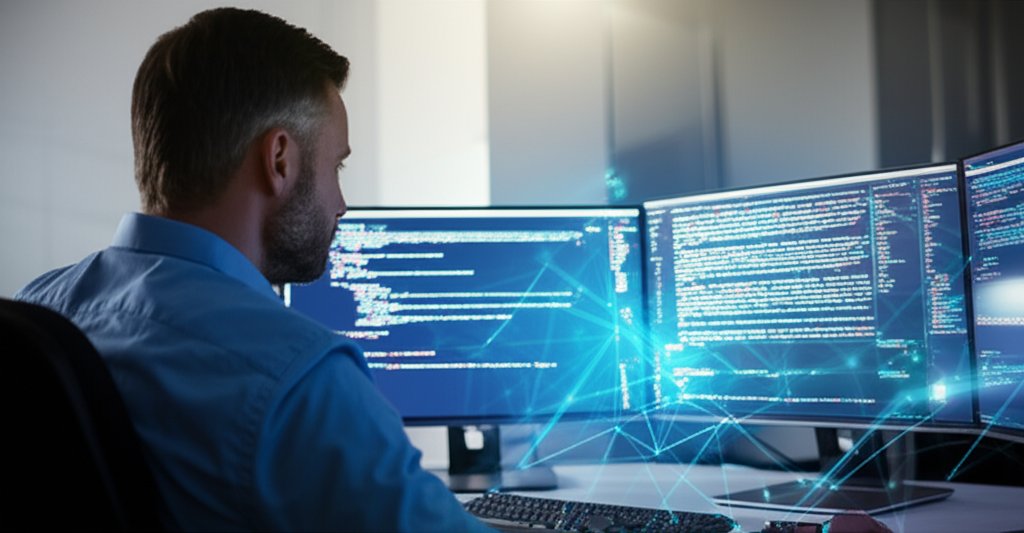 Security professional analyzing AI code on screen. Secondary monitor shows red static becoming clean blue data, symbolizin...