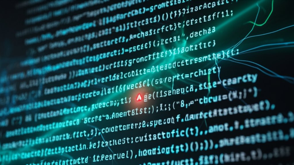 Luminous AI neural network patterns scan glowing code on a translucent screen, isolating a hidden red zero-day vulnerability.