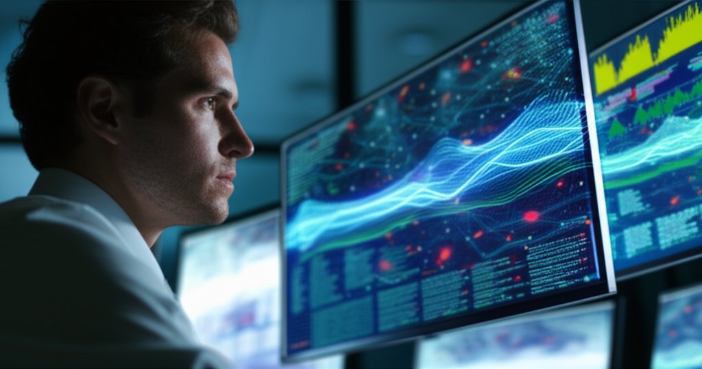 A cybersecurity analyst monitors a holographic AI threat hunting system, visualizing network security data and dissolving ...