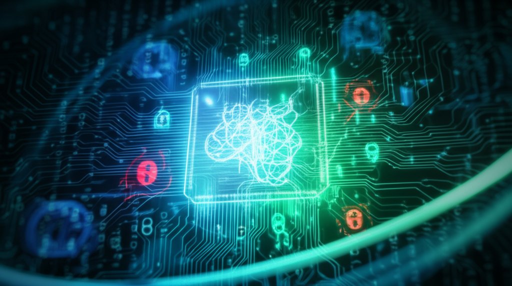 Digital guardian AI neural network glowing blue/green, detecting and dissolving red zero-day exploits in complex data.
