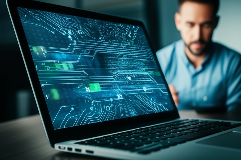 Laptop screen displays app security data visualization with a glitch, representing critical missed vulnerabilities. Blurre...