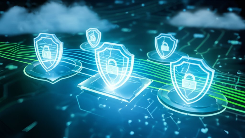 Stylized cloud-native application nodes with glowing security shields, authenticated data streams, and ethereal clouds: Ze...