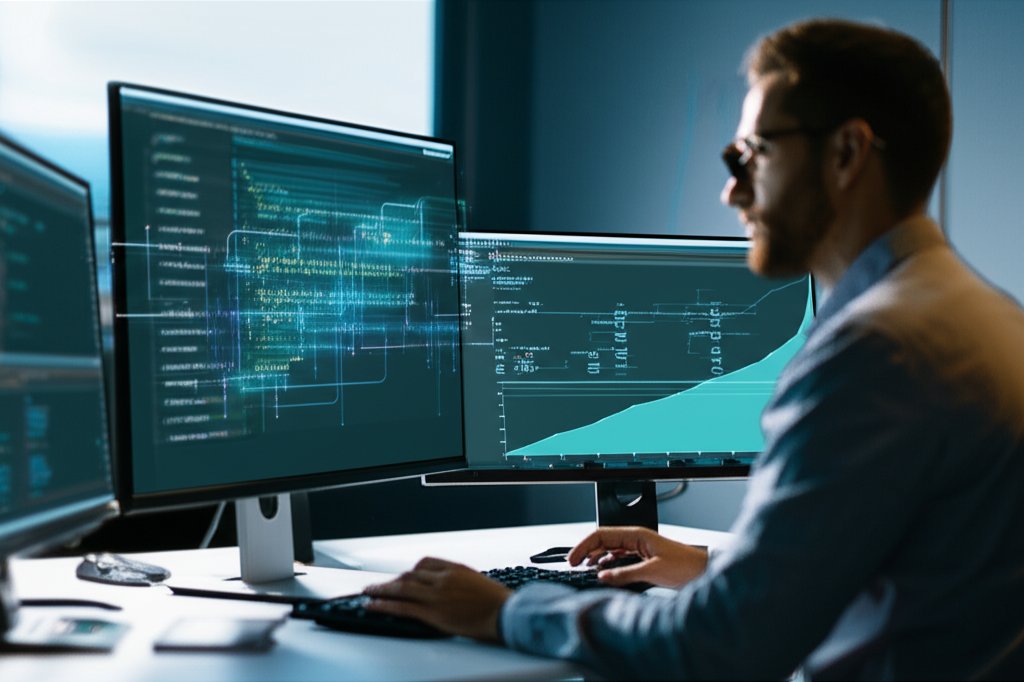 Focused developer at workstation; screens display automated app security testing, code analysis, and a shift-left dashboard.