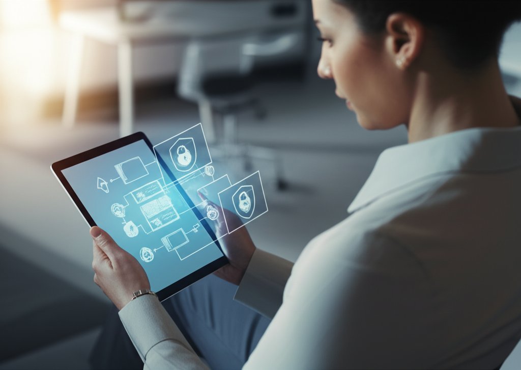 Professional woman views tablet showing abstract visualization of automated app security testing with glowing shield icons.