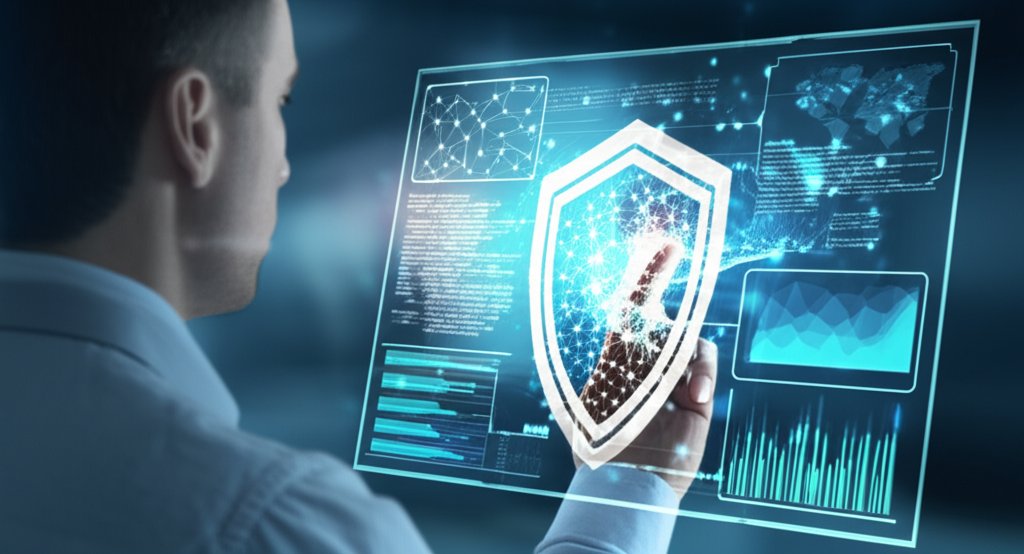 Modern professional confidently uses a sleek digital dashboard showing dynamic cloud security and compliance automation da...