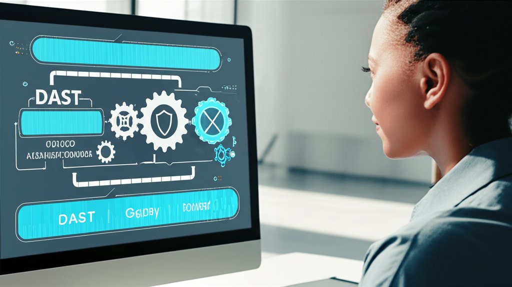Focused small business owner intently views a monitor showing a CI/CD pipeline integrated with DAST security scanning.