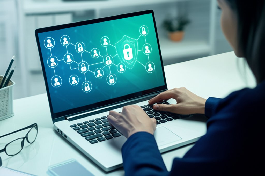 Professional on laptop displaying automated identity governance with secure digital profiles, data paths, and a glowing se...