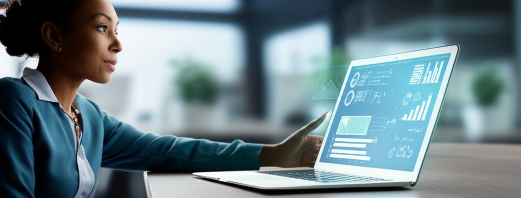 Relieved business owner views a laptop showing abstract charts of an automated penetration testing report in a modern office.