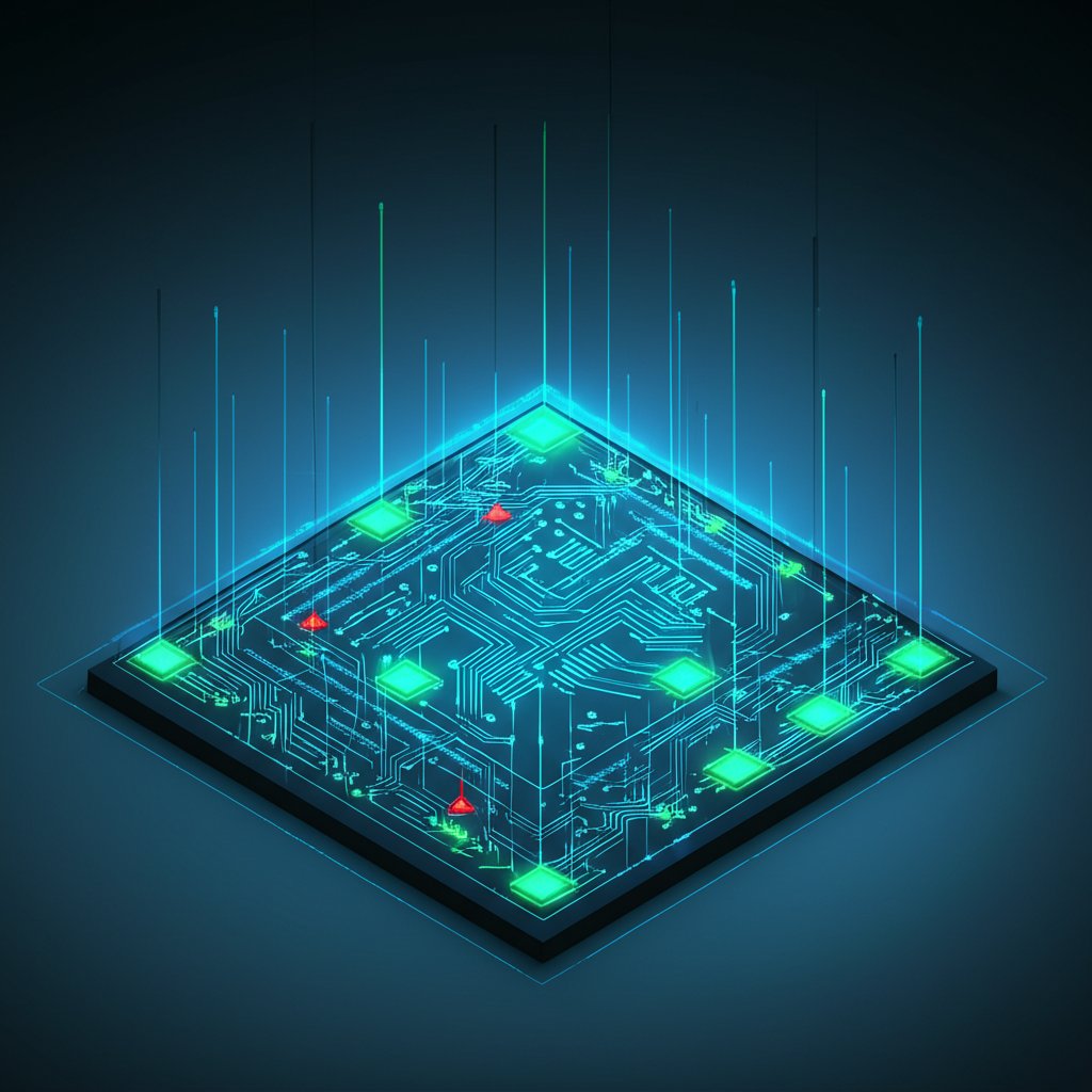 Digital fortress actively scanned by glowing data streams, finding vulnerabilities (red flares turn green) for automated p...