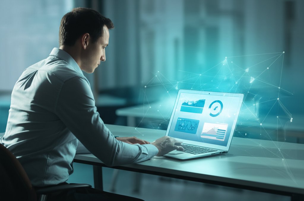 Focused business owner views laptop displaying automated security compliance data visualizations with glowing digital line...