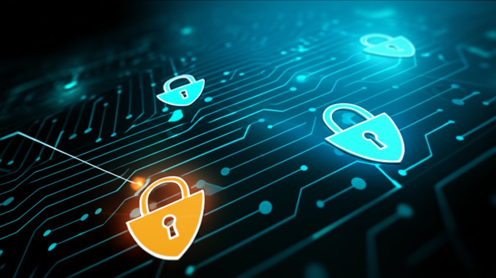 Digital visualization of automated security testing in a CI/CD pipeline. Glowing lines, nodes, and security icons shift or...