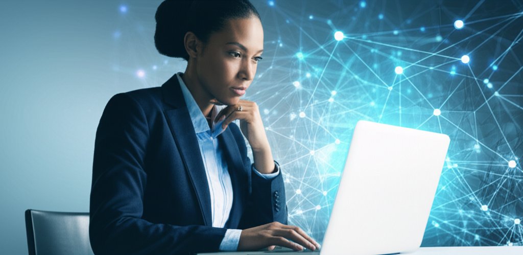 Professional observes a secure laptop. Background shows glowing, interconnected network nodes and resilient digital securi...