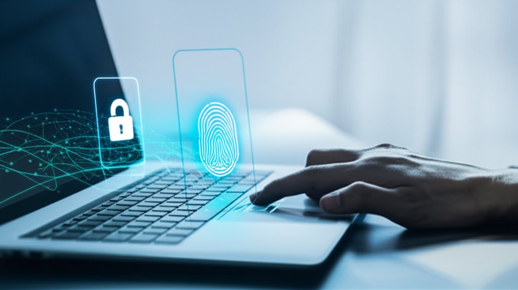 Hand on laptop's biometric fingerprint scanner, next to smartphone showing two-factor authentication for network security.
