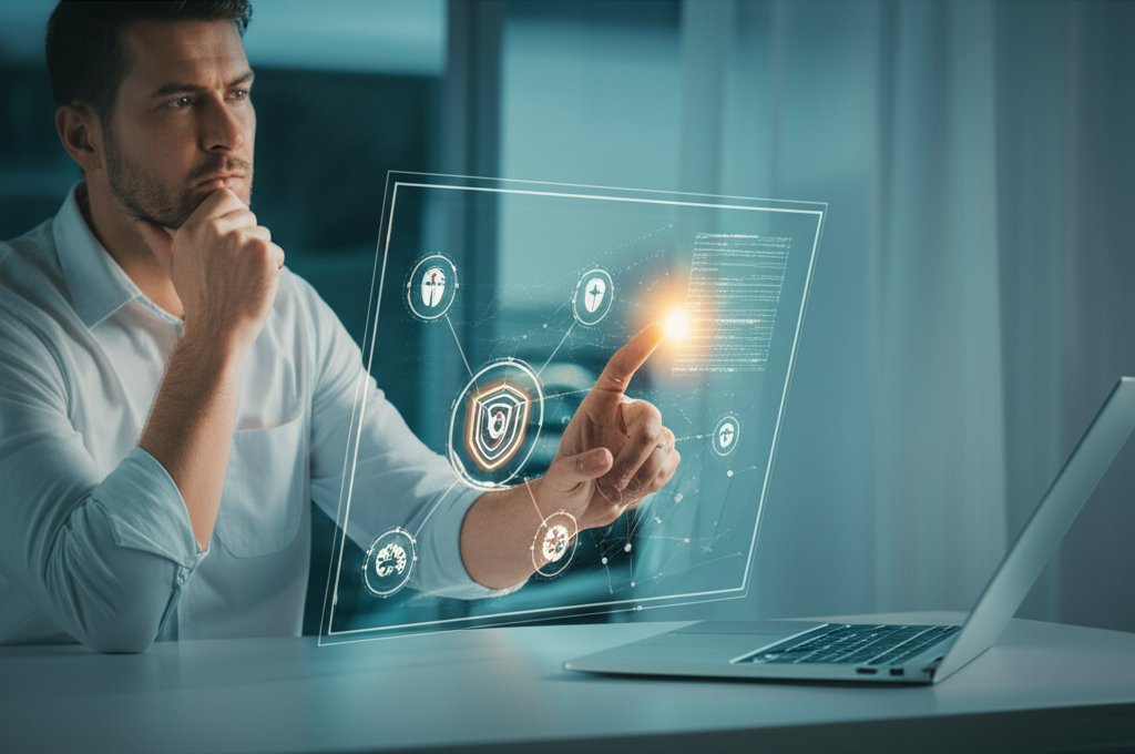 Professional intently viewing a digital interface with secure AI data nodes, network pathways, and a shield icon.