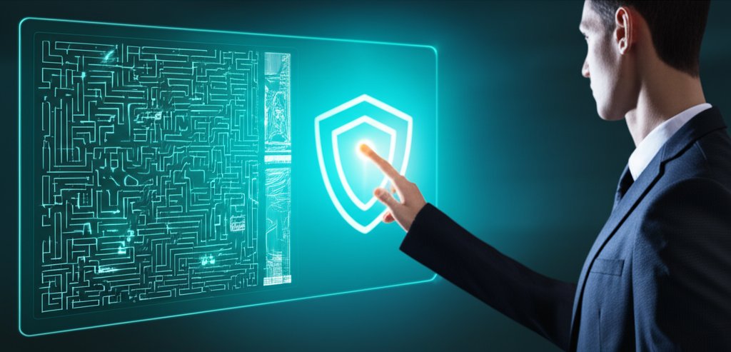 Professional guides through complex digital compliance maze to a clear, step-by-step security pathway, with a protective s...