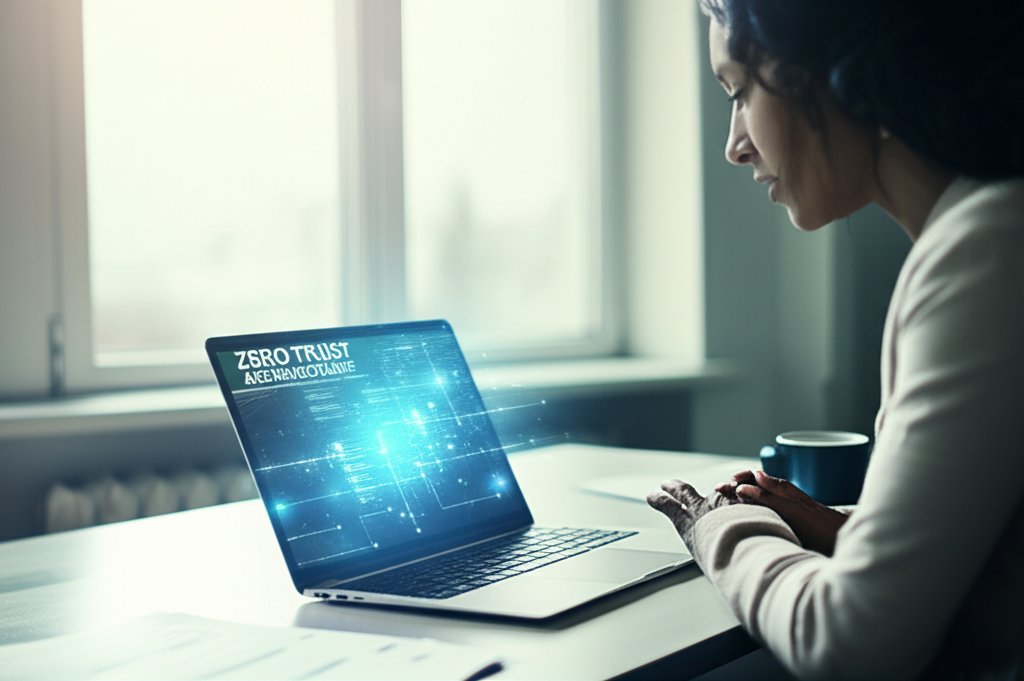 Mid-career business owner intently views Zero Trust Architecture on screen, showing interconnected digital security pathwa...