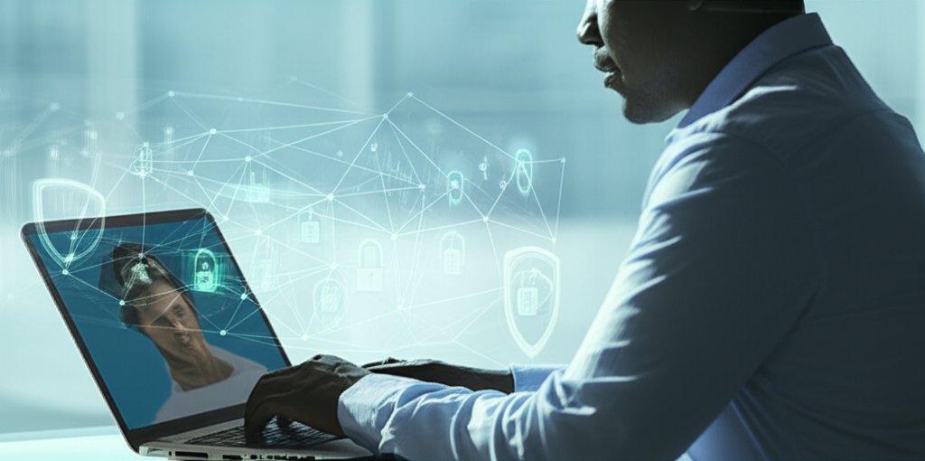 Focused professional at a laptop, with digital nodes and security shields representing Zero Trust for cloud-native apps.